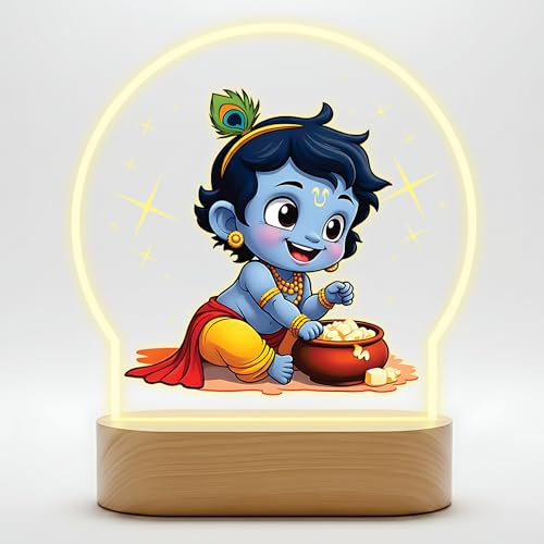 Image of Giftplease Divine Bal Krishna LED Night Light - Warm Glow Decorative Lamp for Pooja Room & Home Decor - Vibrant Printed Little Krishna /Laddu Gopal Table Lamp for Gifting & Festivals GL 10