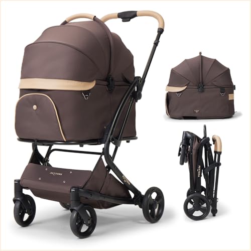 【特許登録済み·1秒本体ごと折りたたみ分離型】PETTENA ペットカート MILOU (ミルー) 小型犬 ワンタッチ全車折りたたみ 五つの一秒 超絶便利 分離式 25KG耐荷重 犬用カート 自立型 広い空間 多頭 中型犬 犬バギー 猫 多機能 犬用ベビーカー ココア