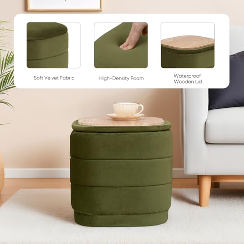 Image of 15 inch Velvet Storage Ottoman with Tray, Foldable Square Ottoman Footrest with Reversible Wood Lid, Collapsible Storage Footstool for Bedroom, Living Room, Dorm, Olive Green