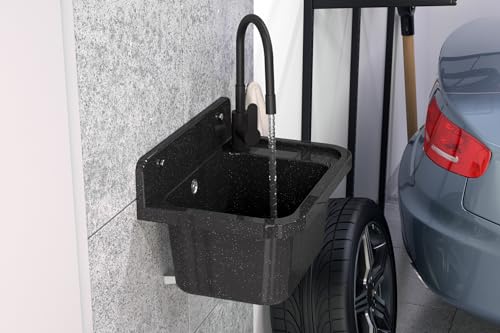 Granitan Ausgussbecken für Garage Keller Werkstatt und Waschküche - Universal Waschtrog mit Siphon - Waschbecken Wandmontage - 50x34x31 cm (Schwarz + Waschtischarmatur FLEX)