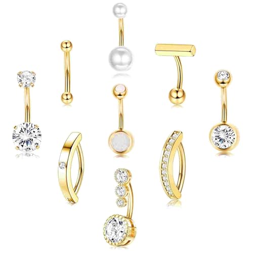 Morfetto 9Pcs Belly Button Bars - Gold Belly Bar 10mm Hypoallergenic Surgical Steel Belly Bars 14G CZ Opal Clicker Belly Button Piercing for Women Belly Ring Navel Piercing Jewllery