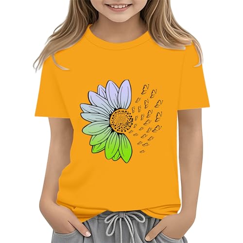 Girls Loose Fit Sunflower Graphic T Shirts Short Sleeve Crewneck Cute Pattern Printed Tops Kids (D-Yellow, 10-11 Years)