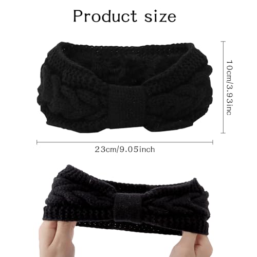 2 Pcs Winter Headband, Women's Knitted Bow Braided Hair Band - Wraps Thick Thermal Wide Headbands for Skiing Running, Outdoor (Black) - Image 2