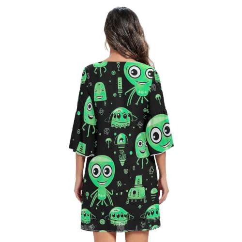 Robe d'été légère col en V vert vêtement décontracté manches 3/4 - 4