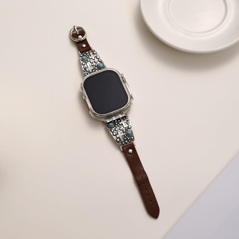 Religious Cross Turquoise Watch Bands For Women And Men | Vintage Turquoise Leather Strap Watchband Compatible With iWatch | Boho Antique Ethnic Jewelry Strap for Smart Watch Series Ultra 2 SE image 5