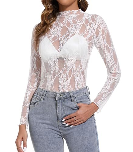 ETOSELL Womens Lace Mesh Long Sleeve Tops Floral Sheer See Through Sexy Mock Neck Shirts Party Club Night Blouses White Flower — view 2