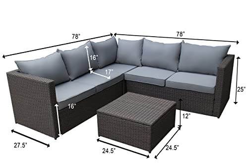78" Wide L-Shaped 4 Pieces Patio Furniture Set, Outdoor Sectional Sofa With Ottoman Square Storage Coffee Table, Modern Brown Rattan Wicker With Comfort Cushion Seats - Light Grey - Oliver & Smith #TOP1