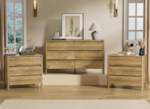 Image of Furniway 3 Piece Bedroom Set, 6 Drawer Dresser and Nightstands, Natural Oak