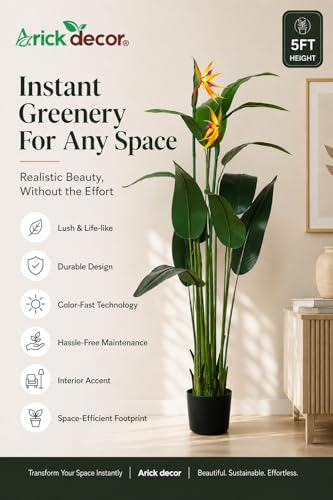 Image of ARICK DECOR Artificial Bird of Paradise Plant 5Ft Tall with Flowers - Fake Tropical Palm Tree with 2 Faux Crane Flowers & Silk Banana Leaves, Large Indoor Fake Decorative Tree in Black Pot