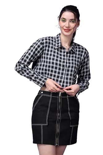 Image of POPWINGS Casual Pure Cotton Checks Crop Shirt for Women | Stylish Western Crop Shirt for Women | Full Sleeves Crop Shirt for Women