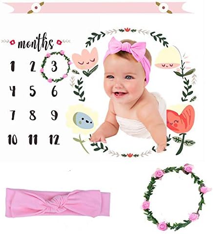 Mostata Baby Milestone Blanket Photography Background Prop, Photo Shoots Backdrop for Newborn Growing Infants Toddlers, (Headband and Flower Ring Included)