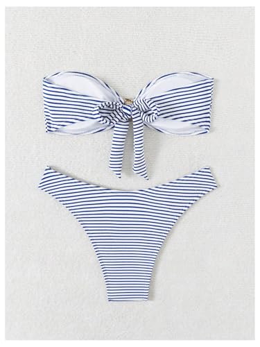 Women's 2 Piece Strapless Striped Bikini Sets Tie Backless Bandeau Bra Bathing Suit Boho Swimsuit3