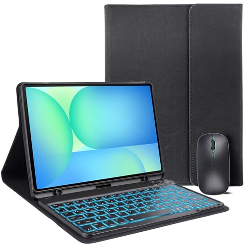 ROKEYBOR for Galaxy Tab S10 FE Case with Keyboard & Galaxy Tab S10 Lite 10.9inch Mouse and 7 Color Rainbow Backlight Magnetic Keyboard Folio Cover with Pencil Holder for Galaxy S9 FE/S9/S8 Black