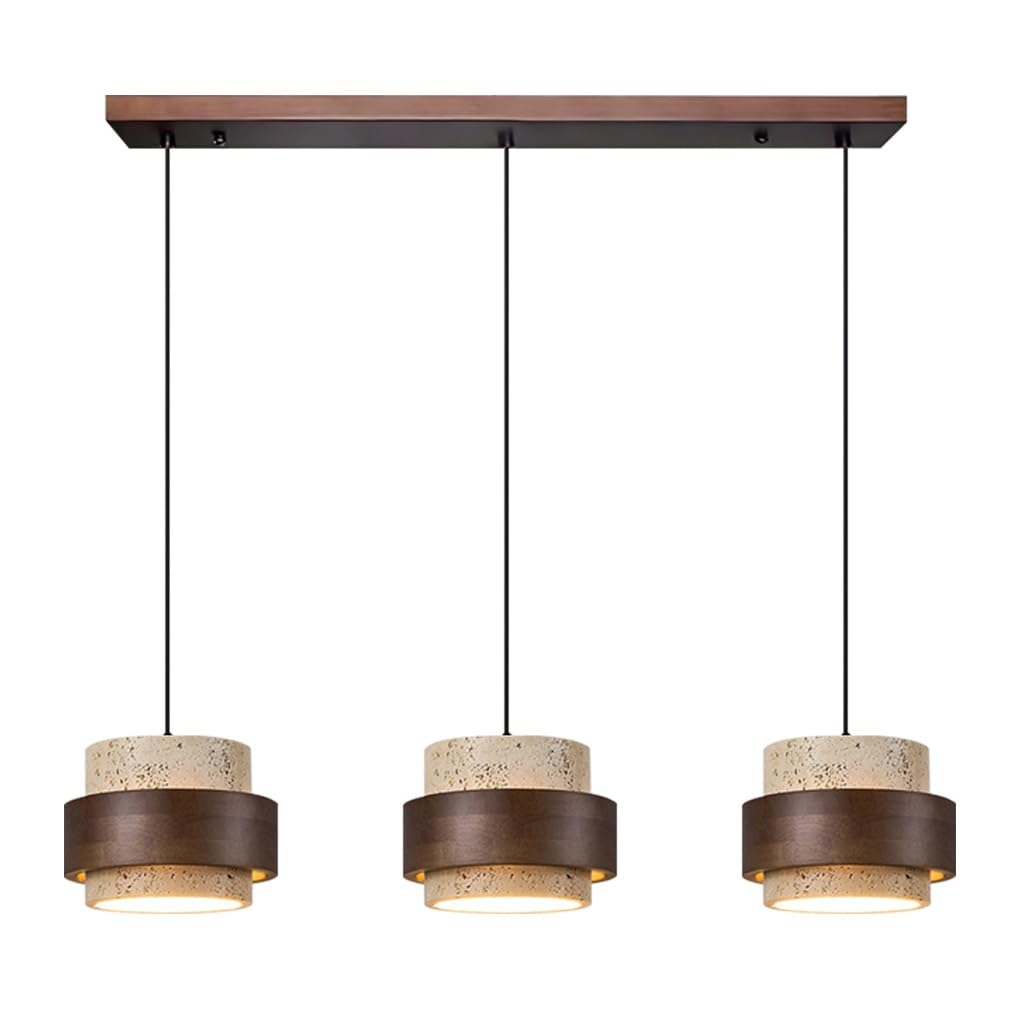 Lampadario Tre Luci E27 Lampada A Sospensione Giapponese Wabi-Sabi Paralume In Travertino Giallo Lampada Tavolo Da Pranzo Vintage Luce Sospese Legno Adatta Per Sala Da Pranzo Isola Cucina(A2)