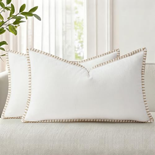 Image of decorUhome Fall Chenille Soft Cozy Throw Pillow Covers 12x20 Set of 2, Modern Farmhouse Boho Velvet Decorative Pillow Cases with Stitched Edge for Couch Sofa Bed Home Decor, Cream White