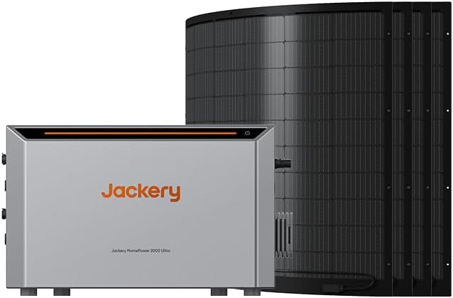 Diagram showing a house powered by the Jackery HomePower 2000 Ultra, with 800W AC on-grid input and various appliances drawing power.
