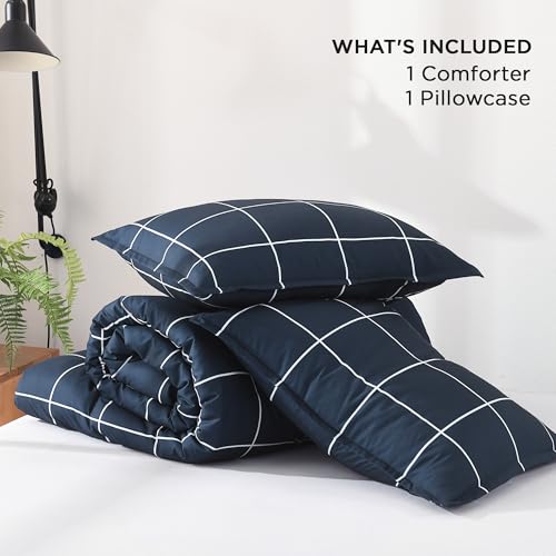 Image of Andency Navy Plaid Comforter Twin(66x90Inch), Dark Blue Grid Gingham Buffalo Plaid Bed Set for Boys Kids Teens, 2 Pieces Lightweight Polyester Geometric Preppy Bedding