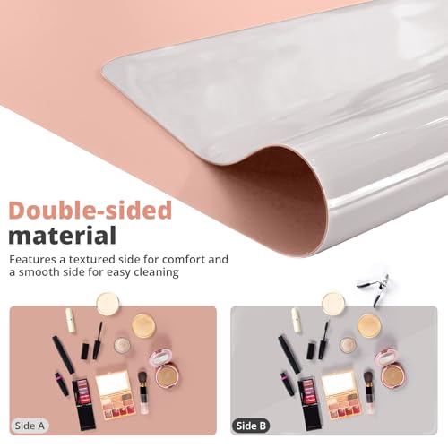Image of LovePads Makeup Mat for Vanity, 16 x 32 Dual-Sided Desk Pad & Vanity Cover Top, Waterproof PVC Protector Mat for Dresser, Nail Art, Craft Tables (Pink+Silver)