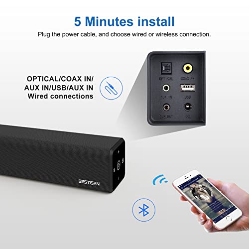 Bestisan Sound Bar With Bluetooth 5.0 And Wired Connections Home Audio Sound Bars For Tv (50 Watt, 3 Audio Mode, Touch Control, Sub-Out Port, Bass Adjustable, Mountable, 2023 Version) #TOP3