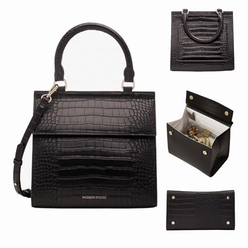 Modern Picnic Vegan Leather Medium Lunch Bag for Women, Cooler Lunch Bag for Girls, Easily Wipeable, Adjustable Shoulder Strap, Women’s Lunch Bags for Work/Office/Outdoor, Black As Seen on Shark Tank