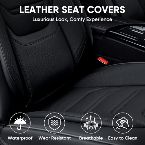 Image of TIEHESYT Black Car Seat Covers Full Set, Breathable Leather Automotive Front and Rear Seat Covers with Headrest, Waterproof Auto Seat Protectors Fit for Most Sedans SUV Pick-up Truck