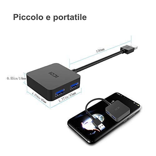 ICZI Hub USB 3.0, 4 Porte Ultra Mini Hub USB 3.0 per Trasmissione Dati Alta velocità 5 Gbps e Sincronizzazione per Ultrabook Portatile Tablet PC Compatibili Windows XP Vista 7 8 10 e Altro
