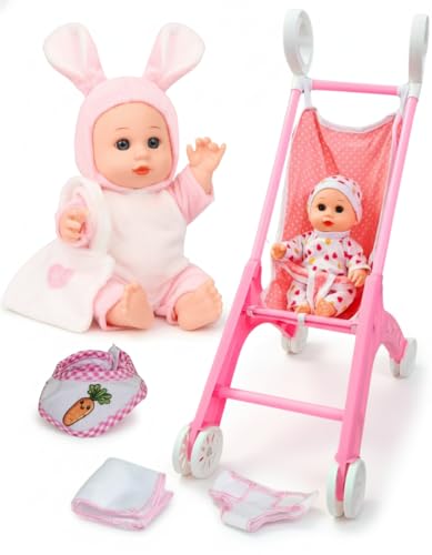 Baby Doll Stroller Set with Adorable Bunny Outfit & More Accessories, Safe Durable Design for Imaginative Play, for Toddlers Ages 3+