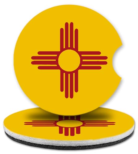 Art Plates - Super Absorbent Car Coasters - Set of Two, 3 Inch Round, Trim-to-Fit Cup Holder Coasters - Thin & Flexible - Ideal for All Car and Truck Models - New Mexico Zia Flag - Made in USA