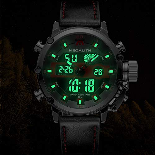 MEGALITH Mens Watches with Leather Waterproof Digital Military Sport Tactical Multifunction Heavy Duty Led Black Watch for Men, Alarm Stopwatch - Thumbnail 2