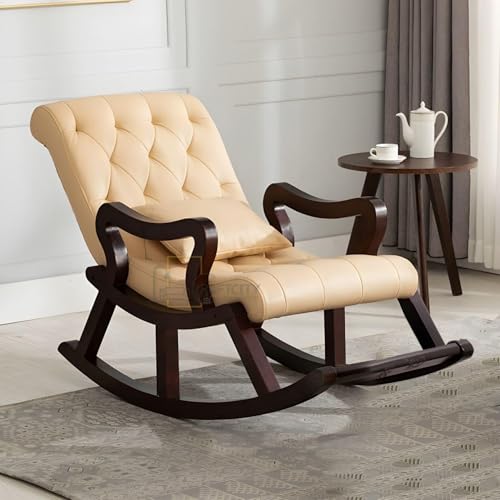 Image of CRAFTCITY Sheesham Wood Elegant Rocking Chair with Pillow and Matching Foot Stool /Living Room Chair /Rose Wood Rocking Chair /Single Seater Sofa with Footrest,Pre-Assembled (Yellow)