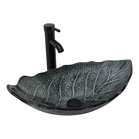 Bathroom Vessel Sink with Faucet, Mounting Ring and Pop Up Drain Leaf Shaped Bowl Basin, Silver Cover
