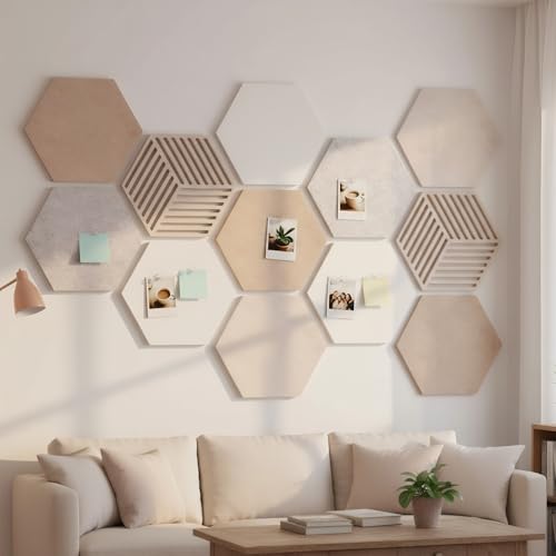 Acidea 12 Stück Filz Pinnwand Sechseckig, Selbstklebende DIY Pinnwand Kork mit 50 Stück Durchsichtig Pushpins, Hexagon-Memoboard für Büro, Home, Schlafzimmer, Wanddekoration