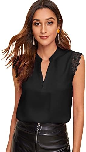 Milumia Women's Elegant Notch Neck Sleeveless Blouse Guipure Lace Work Office Solid Top Black Large