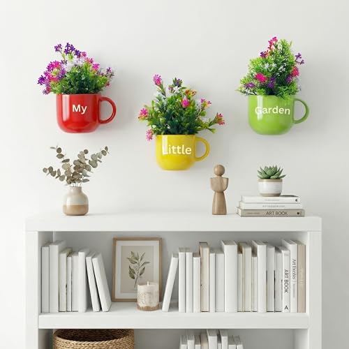 Image of Dekorly Wall Hanging Mug Planters with Artificial Flowers (20CM) - Decorative Hanging Cups, Colorful Floral Wall Decor for Living Room Bedroom Balcony Office Gift Set (3, My Little Garden)