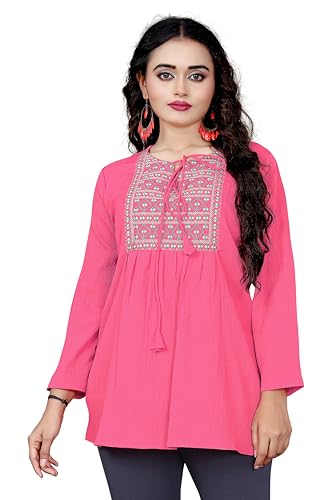 Image of Tunic for Women | Stylish Kurti Tops for Women | Casual Ethnic Kurti with Embroidered Neck Design Office Wear Trendy Kurti Top