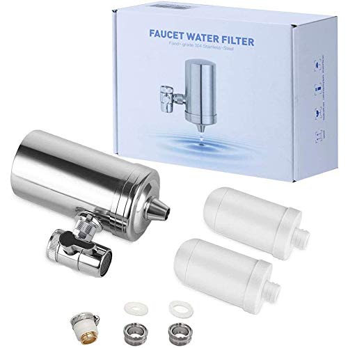 Stainless Steel Faucet Water Filter - Filtration System, Large Water Flow, Water Purifier, Reduce Chlorine, Lead Reduction, Double Outlet, Fits Standard Faucets (2 Filter Cartridges Included)