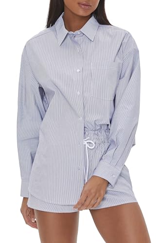 Amazon.com: Forever 21 Pinstriped Button-Front Shirt Blue