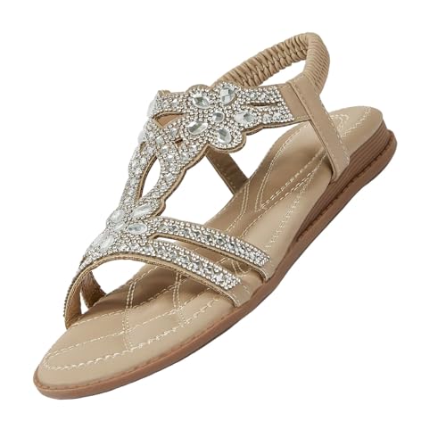 Glittersandaler dam sommar eleganta platta skor flickor sommarskor kvinnor bekväma mjuka sulor damsandaler elastiska sandaler strandskor dam bekväma klänningsskor, Khaki, 40 EU