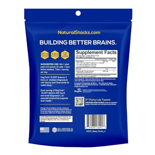 MagTech Magnesium Sleep Powder - Melatonin Free Sleep Aid w/ 3g Glycine - Magtein Magnesium L-Threonate, Glycinate & Taurate - Chelated Triple Complex - Supports Sleep & Brain Health* - 14 Servings