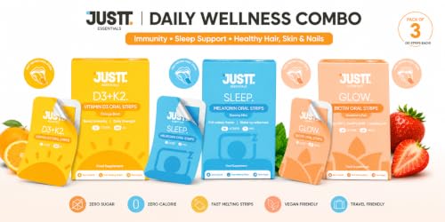 Image of JUSTT ESSENTIALS Complete Daily Wellness Trio | Sleep Melatonin | Glow Biotin | D3+K2 | Fast Dissolving Oral Films | Zero Sugar | Travel Friendly | Pack of 3 x 30 Strips each