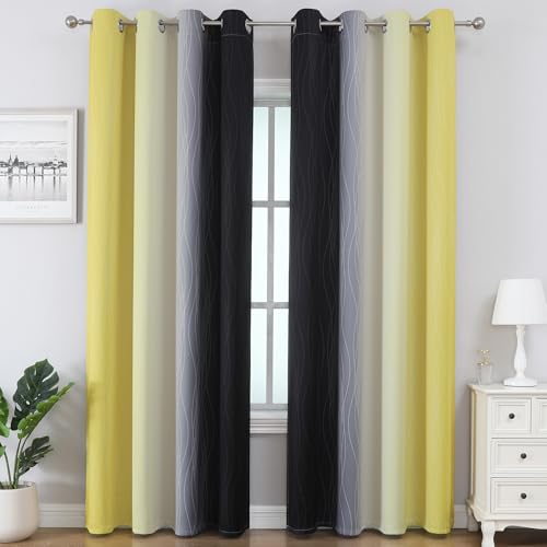 Estelar Textiler Black and Yellow Ombre Blackout Curtains for Bedroom, Thermal Insulated Blackout Drapes, Full Light Blocking Energy Saving Long Curtains for Living Room, 52Wx96L, 2 Panels