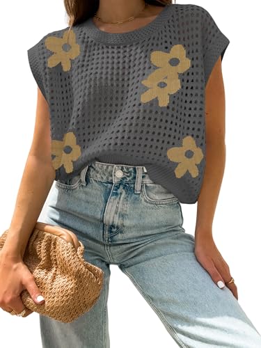 Image of Womens Summer Crochet Tops Hollow Out Cap Sleeve Cover Up Tank Top Pullover Sweater Vest Beach Vacation Clothes