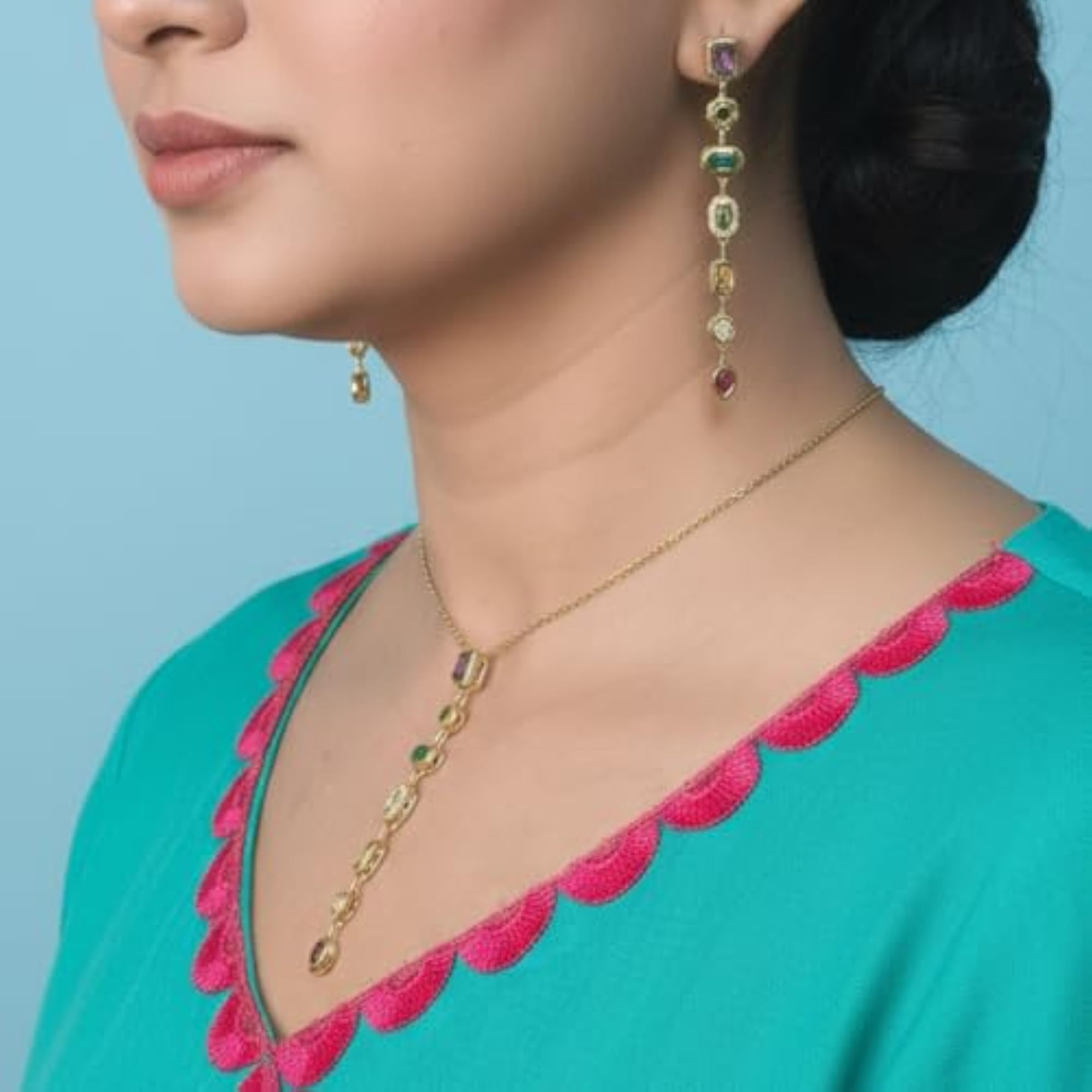 Women's Gold-Plated Multi Colour American Diamond Earrings and Necklace Set