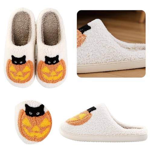 Halloween Flat Thermal Slippers Soft Plush Pumpkin Cat Design House Shoes2