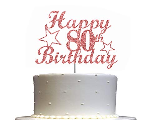 80 Birthday Rose Gold Glitter Cake Topper, 80th Party Decorations Ideas, Premium Quality Decoration, Sturdy Doubled Sided Glitter, Acrylic Stick. Made in USA
