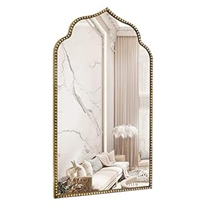 Arch Wall Mirror, 22″ W x 38″ H Metal Marlowe Beaded Frame Accent Mirror, Large Modern Vintage Gold