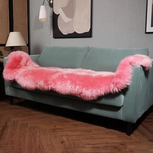 Premium Genuine Fur Sheepskin Rug Real Australia Sheepskin Natural Luxury Fluffy Lambskin Fur Area Rug Seat Covers for Kids Bedroom Sofa Chair Cover (Pink, Double Pelt/2ft x 6ft)