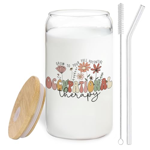 BEHIFL Occupational Therapist Gifts Glass Cup with Lids and Straws 14oz, OT Occupational Therapy Gifts Glass Coffee Tumbler Drinking Jars with Cleaning Brush
