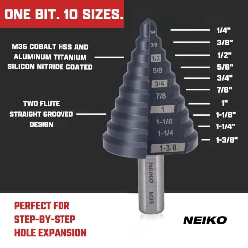 Image of NEIKO 10194B Step Drill Bit, 10 Steps 1 /4 inch to 1-3 /8 inch Straight M35 Cobalt, AlTiSiN Coated, 3 /8 inch Tri-Flat Step Bits for Steel, Metal, Wood, Plastic, Unibit Cone Drill Bits, Two Flute