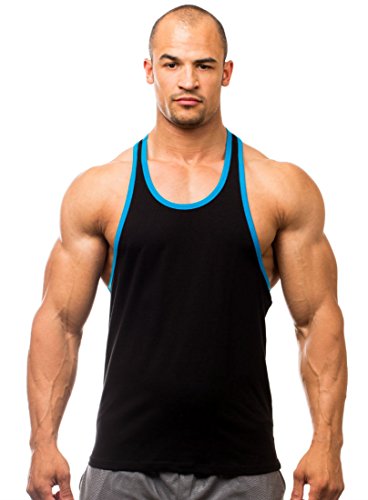 Iwearit Athletic Cotton/Lycra Workout Tank Top(Blk/Aqua-L) with Contrast Trim